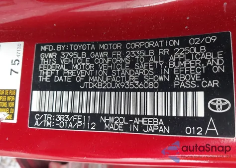 2009 Toyota Prius из США, поврежденный, VIN JTDKB20UX93536080